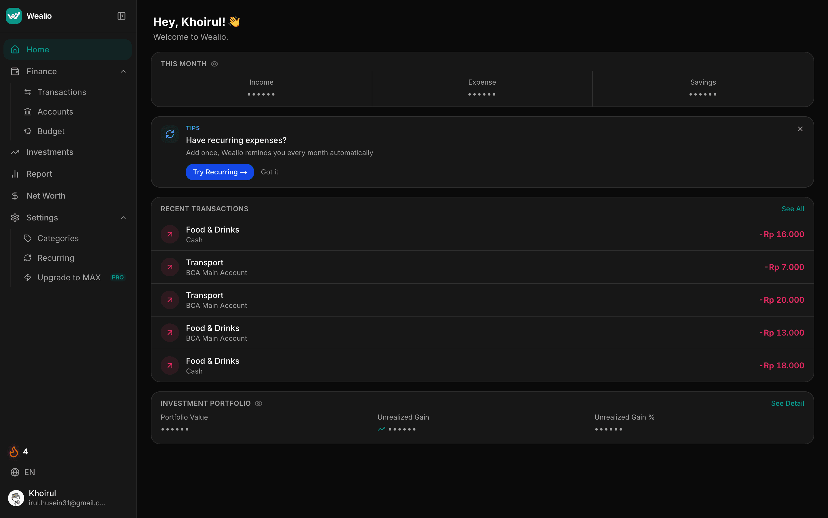 Wealio dashboard
